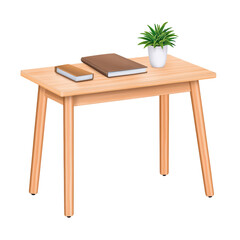 Simple Wooden Table with Books and a Potted Plant isolated on transparent background.