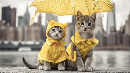 An adorable kitten and mother cat with an umbrella, wearing stylish yellow, matching raincoat, London city in background.