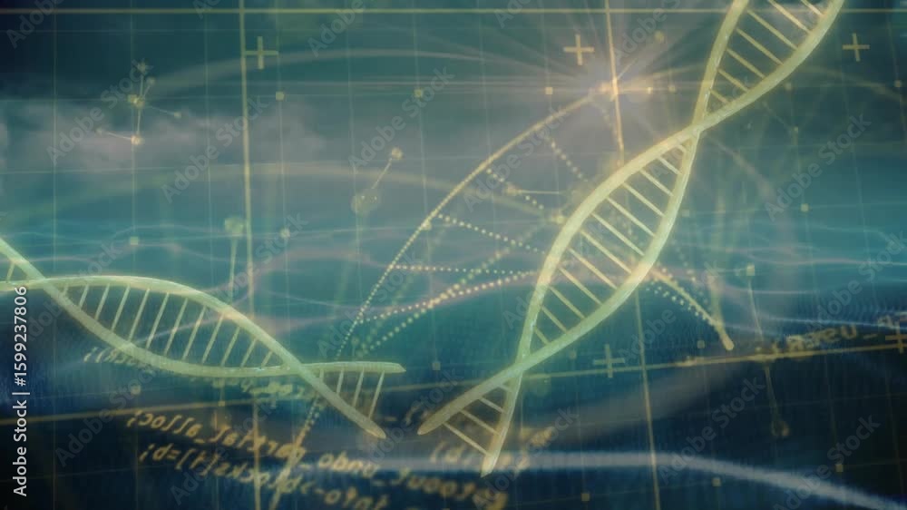 Aufkleber fading golden dna helices starting grid, code overlay while particles swirling showing genetic data
