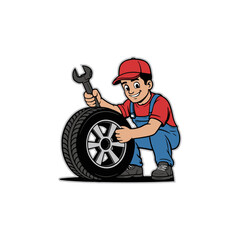 Cartoon Mechanic in Red Fixing Tire Auto Repair Technician Illustration
