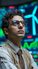 Young analyst looking at wind energy data on digital dashboard