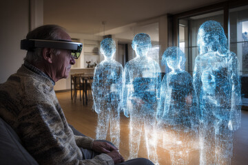 Senior man using AR headset to interact with virtual hologram family