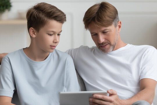 Father and son using digital tablet together at home