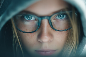 Close up of serious woman in glasses and hoodie with intense look