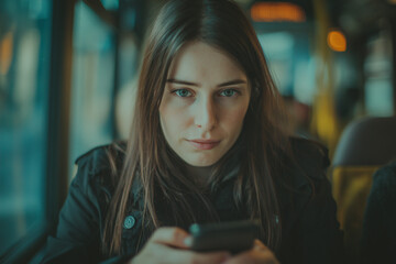 Young woman using smartphone while sitting on city bus