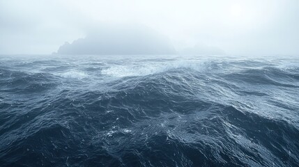 Fototapeta premium Turbulent Ocean Waves Crashing Against Distant Foggy Islands