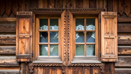 Ornate wooden windows on a log cabin