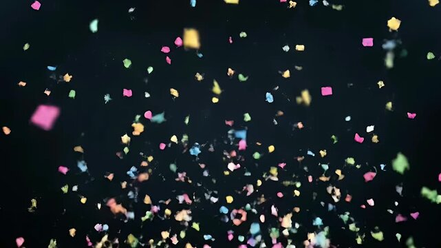 Vibrant colorful confetti pieces falling and scattering against a dark mysterious background ideal for festive celebrations parties and abstract motion graphics
