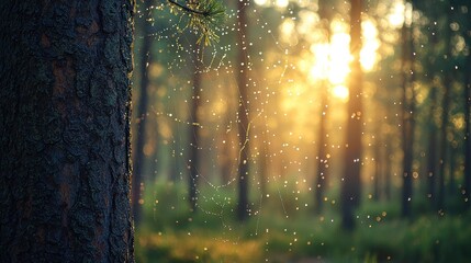 Obraz premium Golden Sunlight Filtering Through a Pine Forest