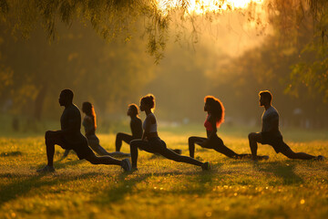 Group workout in park during sunset, healthy active lifestyle