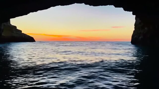 Sunset seen from a cave opening to the sea. Calm waves with pink and orange sky. A scenic view for travel agencies or nature blogs