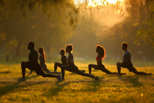 Group workout in park during sunset, healthy active lifestyle