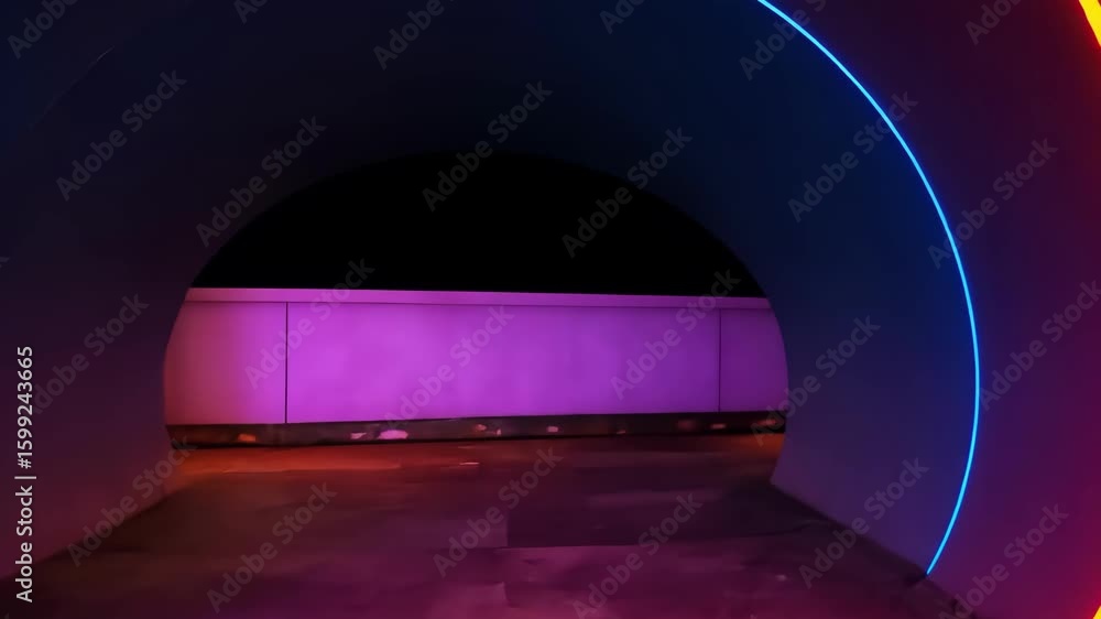 Poster neon tunnel with colorful vibrant lights, tunnel architecture with neon colors and light trails. vib