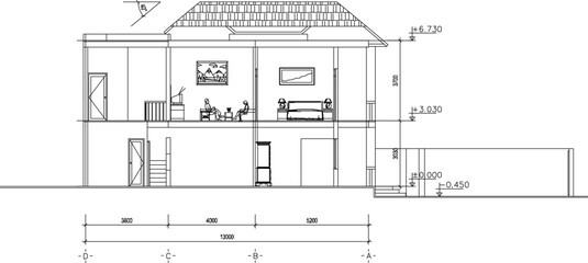 Vector sketch illustration silhouette drawing architectural design site plan layout section view facade of a simple modern two-story house with scale size