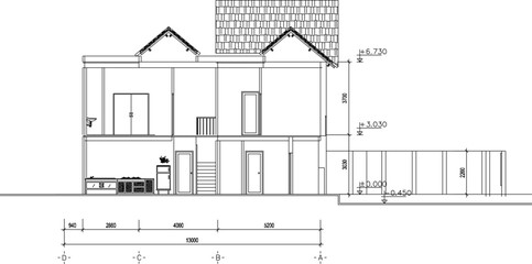 Vector sketch illustration silhouette drawing architectural design site plan layout section view facade of a simple modern two-story house with scale size