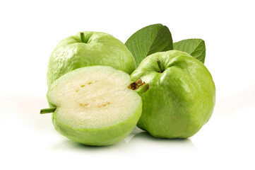 Guava fruits with half and leaves isolated on white background.