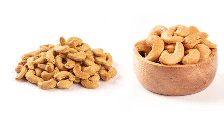 Bowl of cashew nuts isolated on white background.