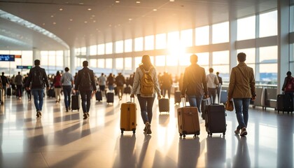 Fototapeta premium Crowded airport terminal at sunset