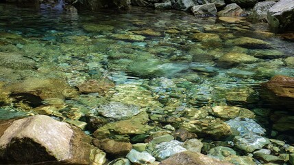 Obraz premium Clear river water flowing over various sized rocks and pebbles in a natural outdoor setting.