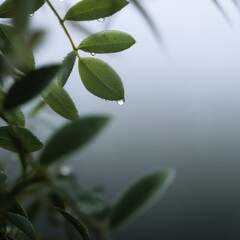 Obraz premium Close-up of green leaves with water droplets against a soft, blurred background, highlighting nature