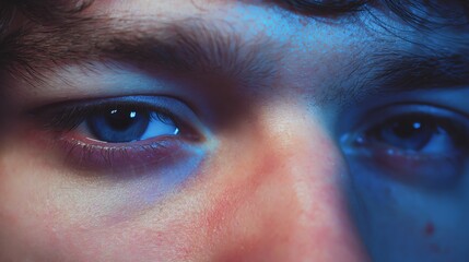 Fototapeta premium Close-up of a person's eyes and upper face illuminated by blue light, highlighting skin texture and expressive gaze.
