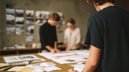 A group of people collaborate over documents and photos spread across a table in a creative workspace.