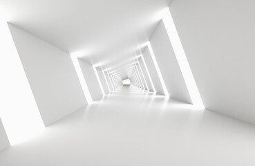 Obraz premium Minimalist Futuristic White Corridor with Light Strips and Perspective Depth