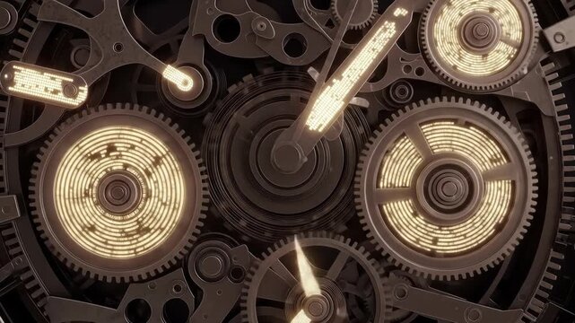 Detailed clockwork gears mechanism, intricate machinery with cogwheels for time concept.