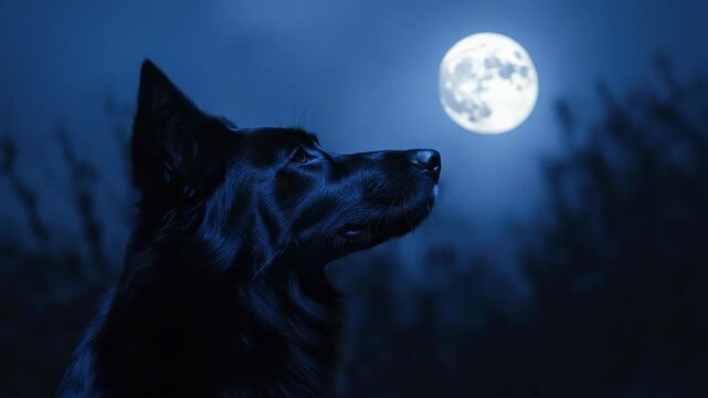 Silhouette of a dog gazing up at nighttime moon.