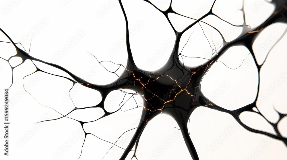 Poster the image shows a 3d rendering of a neuron, with a black, glossy cell body and thin, branching dendr