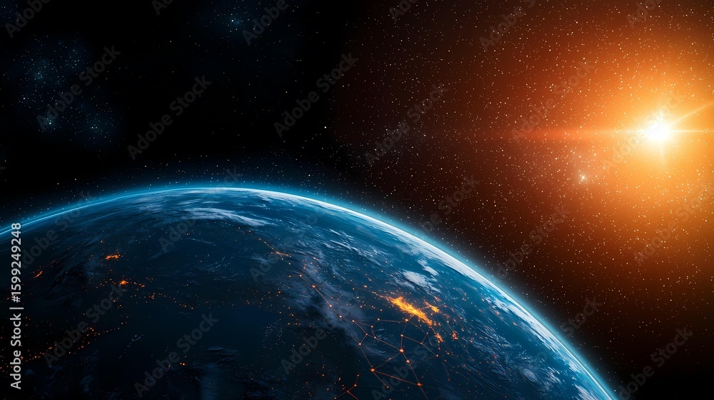 Poster the image shows a view of earth from space, illuminated by a bright sun at the right edge. city ligh