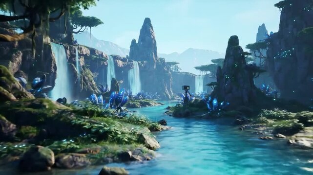 Video camera records waterfall and crystals in a fantasy landscape, for media or game development