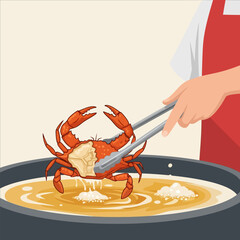 Cooked Crab Being Fried in a Pan Held by Tongs