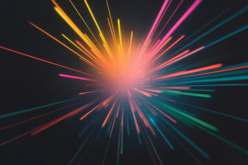 Fototapeta premium A vibrant digital art explosion with radiating light streaks against a black background. 