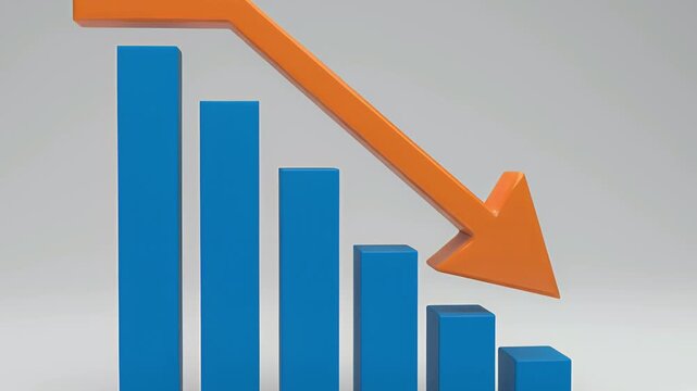 Declining Bar Chart and Downward Orange Arrow Indicating Negative Business Performance Financial Recession Market Trends Data Analysis Statistics Report