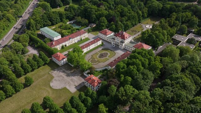 Aerial view of Schloss Fuerstenried, Luftaufnahme Furstenried Palace in Muenchen, Bayern, Deutschland. Located in Muenchens Suedwesten, Baroque Jagdschloss blends royal history with scenic parklands. 