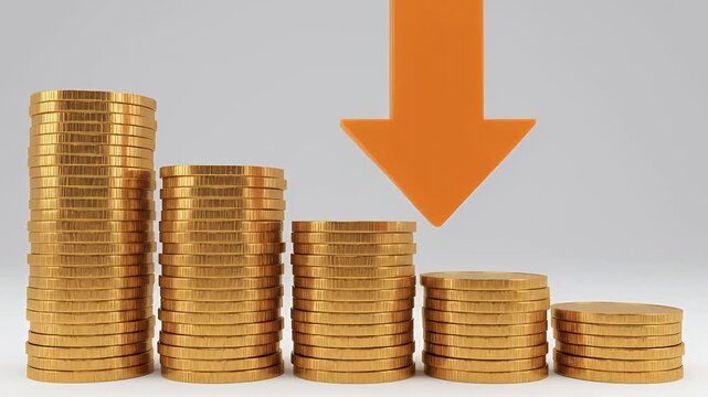Gold coin stacks decreasing with a prominent orange downward arrow illustrating financial loss economic recession market decline and investment value reduction