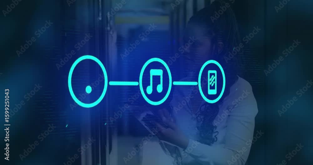 Poster it technician scrolling tablet for network monitoring, causing pulsing wifi music smartphone icons