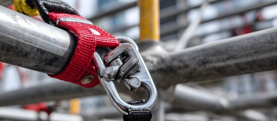 High-resolution close-up of industrial safety harness with carabiner attached to a scaffold pole. Ideal for occupational safety, construction gear, or PPE training materials
