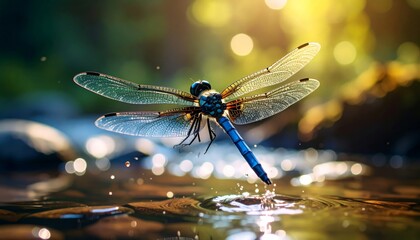 Naklejka premium Vibrant Dragonfly touches water gently.