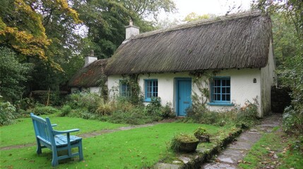 Quaint thatched cottage nestled in a garden