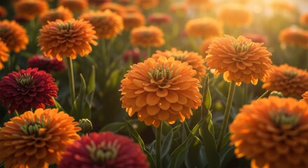 Obraz premium Orange and Red Zinnia Flowers in a Summer Garden at Sunset