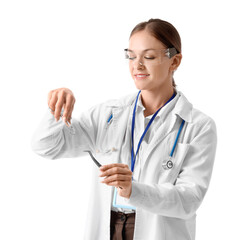 Female doctor in goggles with surgical tools on white background