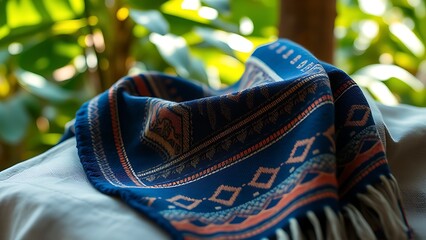 Jasmine strands on cobalt blue silk, morning light enhancing dew drops, defocused tricolor ribbon in background.