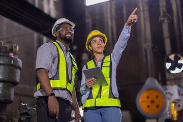 African american engineers male and female in Heavy industry engineers in steel metal manufacturing factory engineering. Train maintenance machine factory.