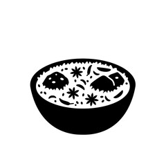 Black Bowl of Cuisine: A simple black and white illustration of a bowl filled with steaming, fragrant culinary delight, presenting a visual representation of delicious food.