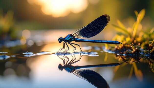 Blue dragonfly mirrored in water pond.