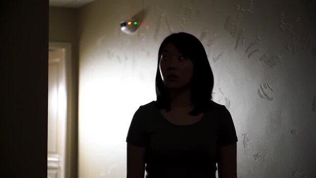 Woman Surprised in Dark Hallway by Security Device With Flashing Lights. Use for home security, technology, or suspenseful scenarios