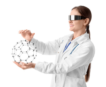 Female doctor in goggles with molecular model on white background