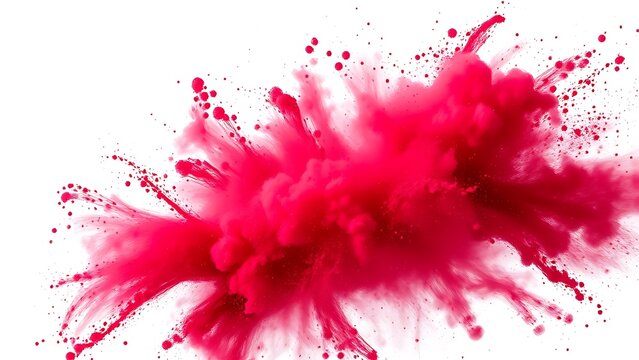 Vibrant red Holi powder explosion captured dynamically against a white background.